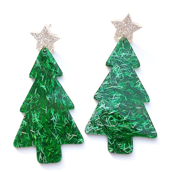 Clear Lucite glitter vintage inspired Christmas tree earrings - Picture 6 of 6
